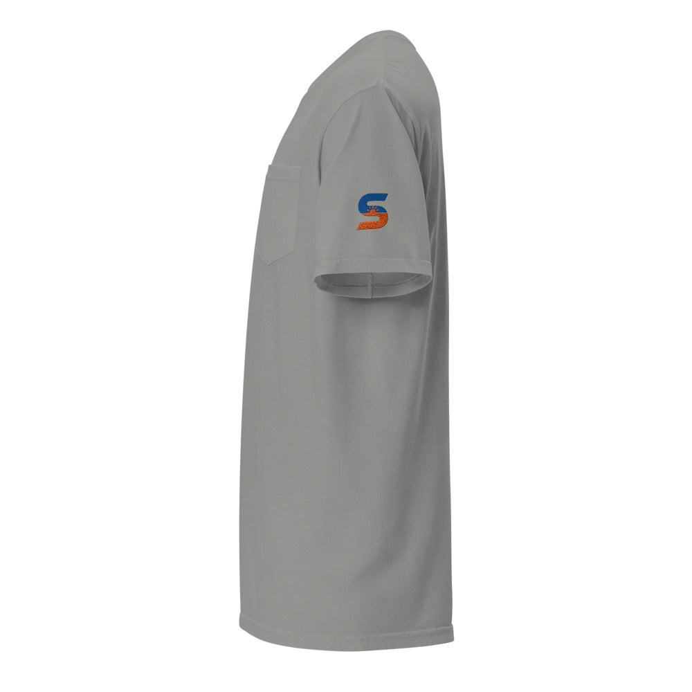 Sunline Sleeve Hit Pocket Tee in Grey, embroidered teal and orange Sunline split-S sun logo, Central Florida streetwear t-shirt