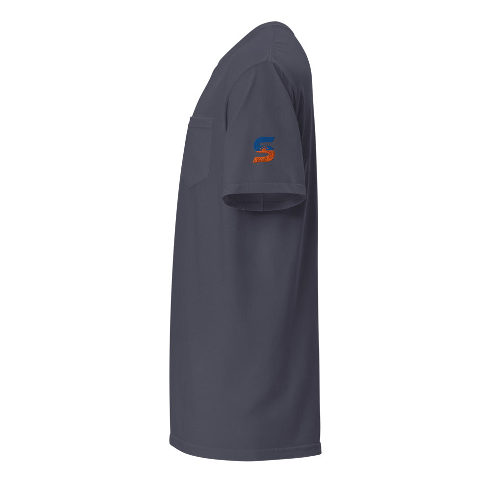 Sunline Sleeve Hit Pocket Tee in True Navy, embroidered teal and orange Sunline split-S sun logo, Central Florida streetwear t-shirt