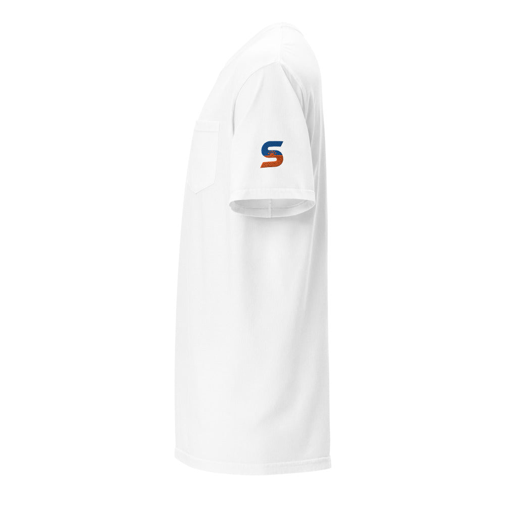 Sunline Sleeve Hit Pocket Tee in White, embroidered teal and orange Sunline split-S sun logo, Central Florida streetwear t-shirt