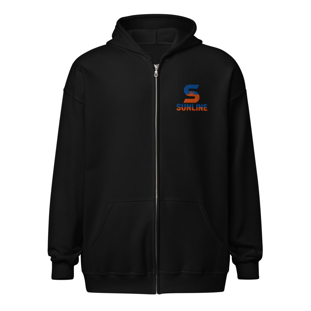 Sunline Zip Hoodie in Black, embroidered teal and orange Sunline split-S sun logo, Central Florida streetwear hoodie