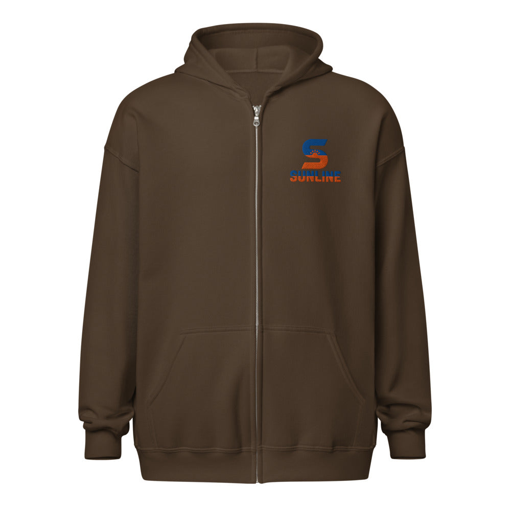 Sunline Zip Hoodie in Dark Chocolate, embroidered teal and orange Sunline split-S sun logo, Central Florida streetwear hoodie
