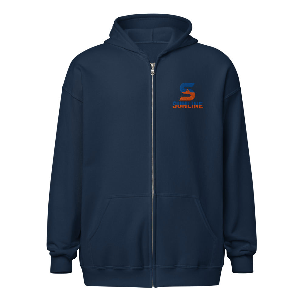 Sunline Zip Hoodie in Navy, embroidered teal and orange Sunline split-S sun logo, Central Florida streetwear hoodie