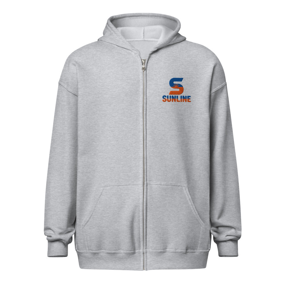Sunline Zip Hoodie in Sport Grey, embroidered teal and orange Sunline split-S sun logo, Central Florida streetwear hoodie