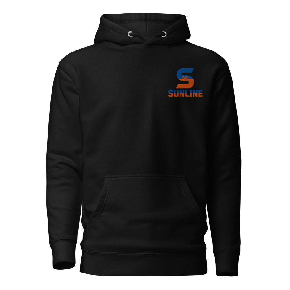 Sunline Hoodie in Black, embroidered teal and orange Sunline split-S sun logo, Central Florida streetwear hoodie