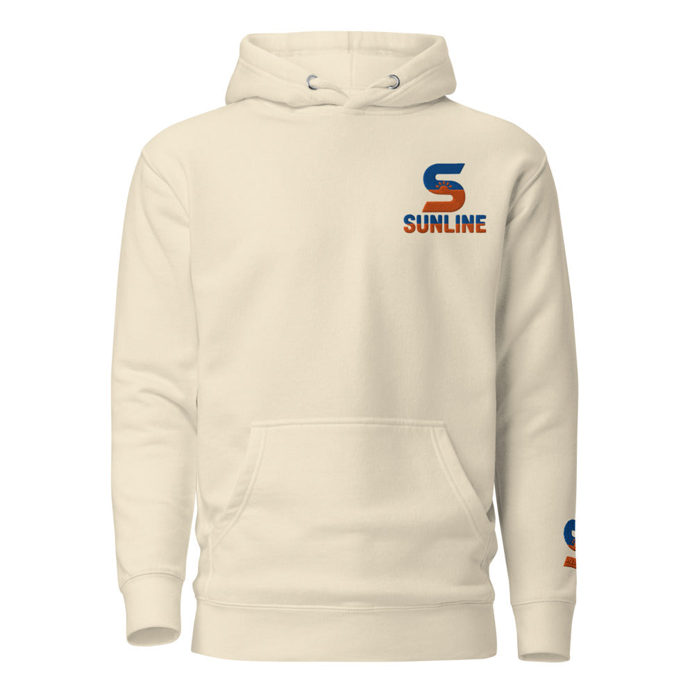 Sunline Wrist Hit Hoodie in Bone, embroidered teal and orange Sunline split-S sun logo, Central Florida streetwear hoodie