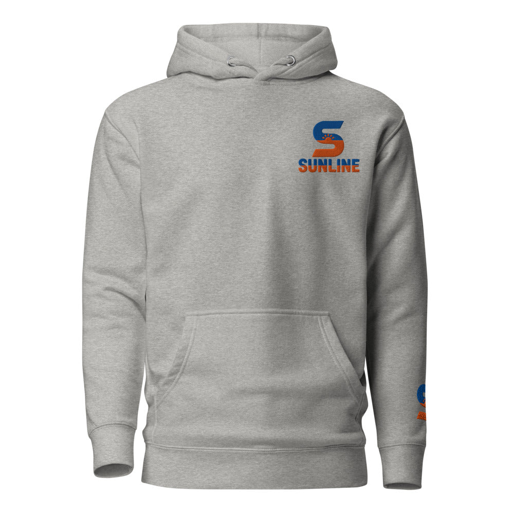 Sunline Wrist Hit Hoodie in Carbon Grey, embroidered teal and orange Sunline split-S sun logo, Central Florida streetwear hoodie