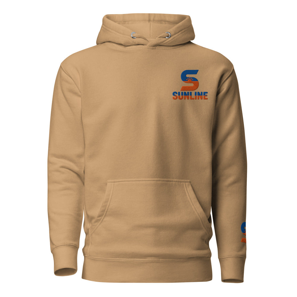 Sunline Wrist Hit Hoodie in Khaki, embroidered teal and orange Sunline split-S sun logo, Central Florida streetwear hoodie