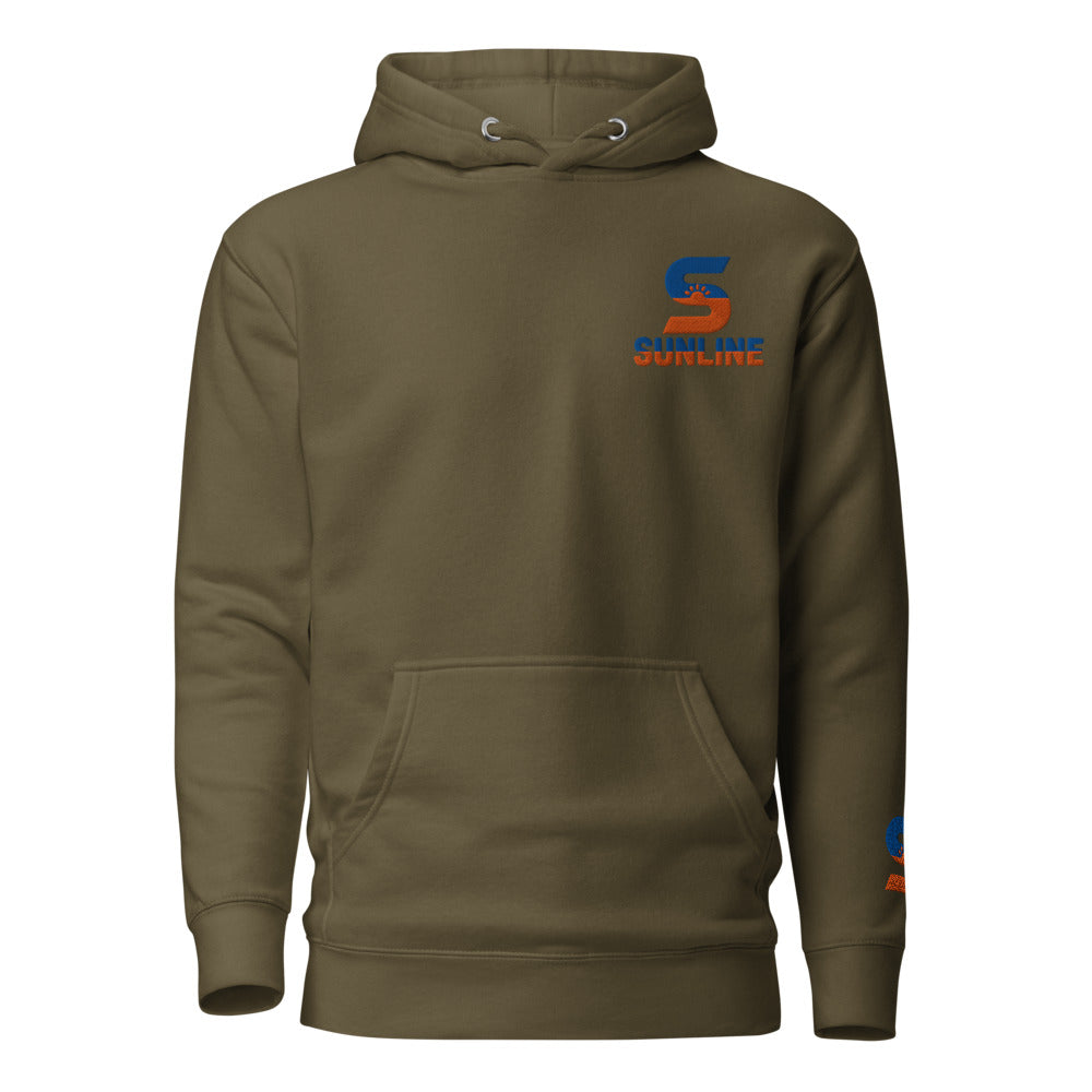 Sunline Wrist Hit Hoodie in Military Green, embroidered teal and orange Sunline split-S sun logo, Central Florida streetwear hoodie