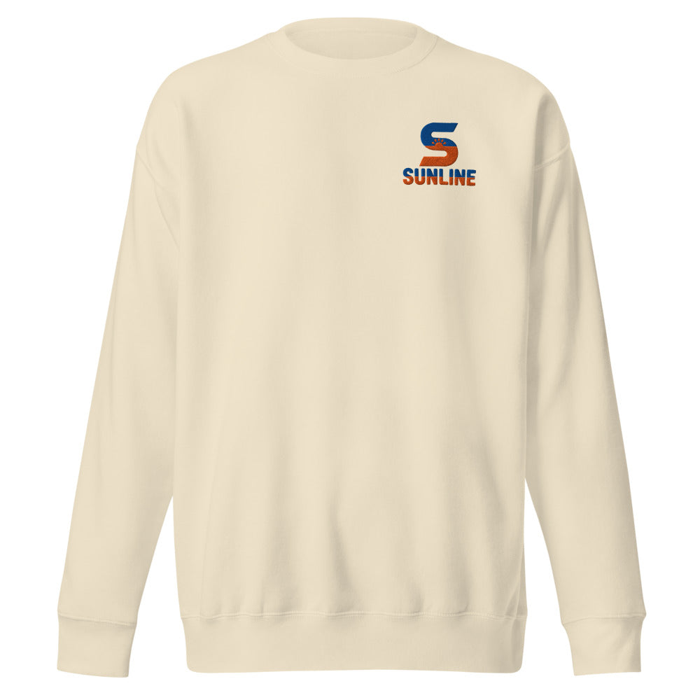 Sunline Premium Crewneck in Bone, embroidered teal and orange Sunline split-S sun logo, Central Florida streetwear crewneck