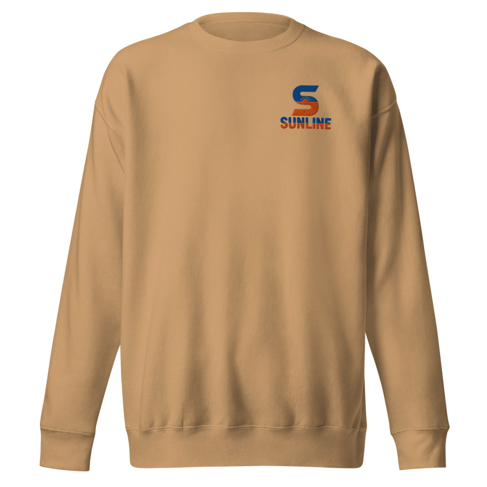 Sunline Premium Crewneck in Khaki, embroidered teal and orange Sunline split-S sun logo, Central Florida streetwear crewneck