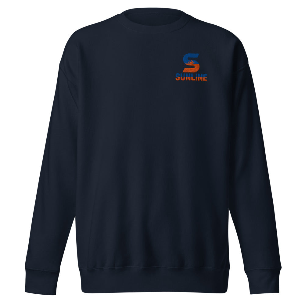 Sunline Premium Crewneck in Navy Blazer, embroidered teal and orange Sunline split-S sun logo, Central Florida streetwear crewneck