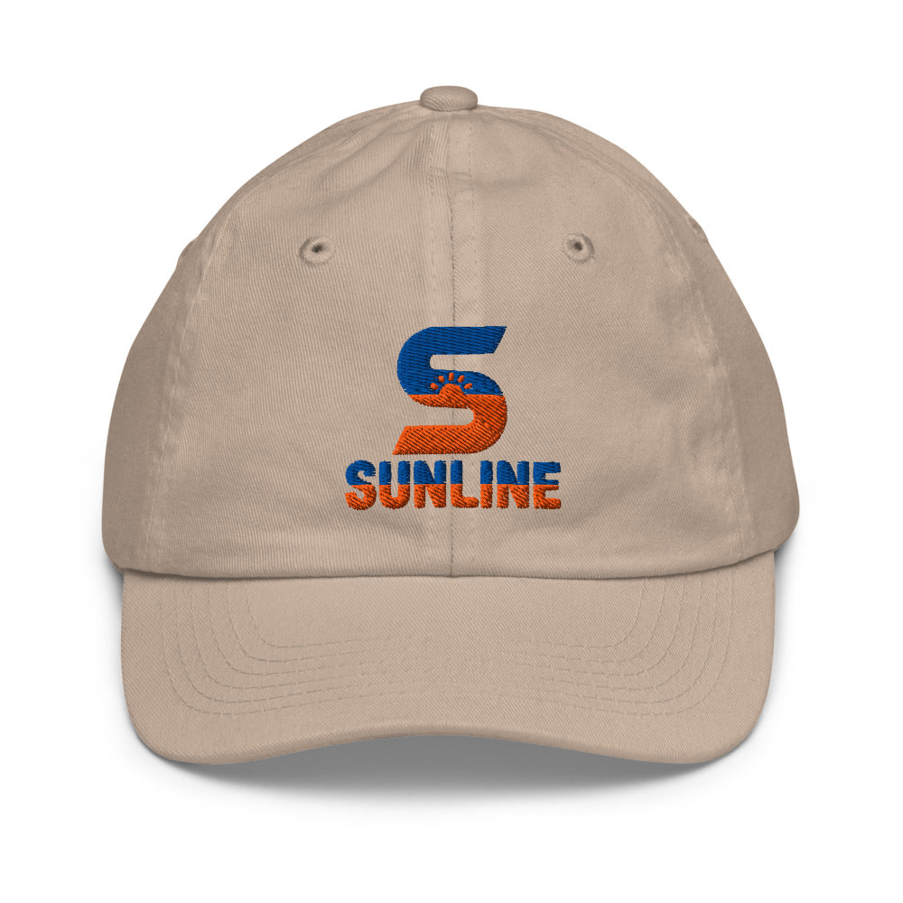 Sunline Youth Cap in Khaki, embroidered teal and orange Sunline split-S sun logo, Central Florida streetwear youth cap