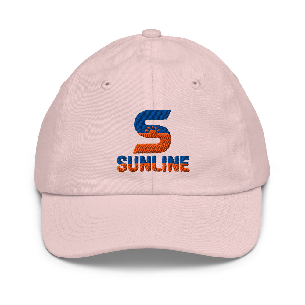 Sunline Youth Cap in Light Pink, embroidered teal and orange Sunline split-S sun logo, Central Florida streetwear youth cap