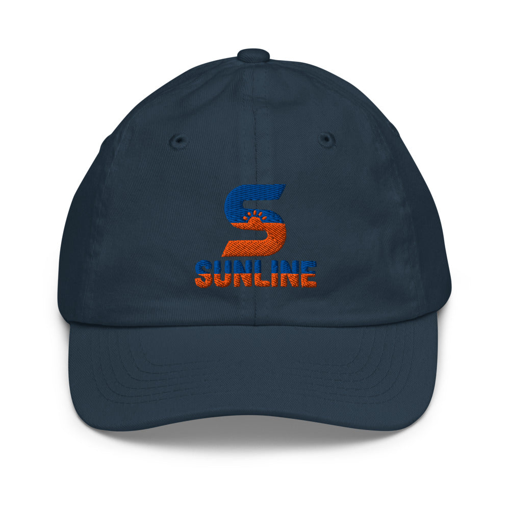 Sunline Youth Cap in Navy, embroidered teal and orange Sunline split-S sun logo, Central Florida streetwear youth cap