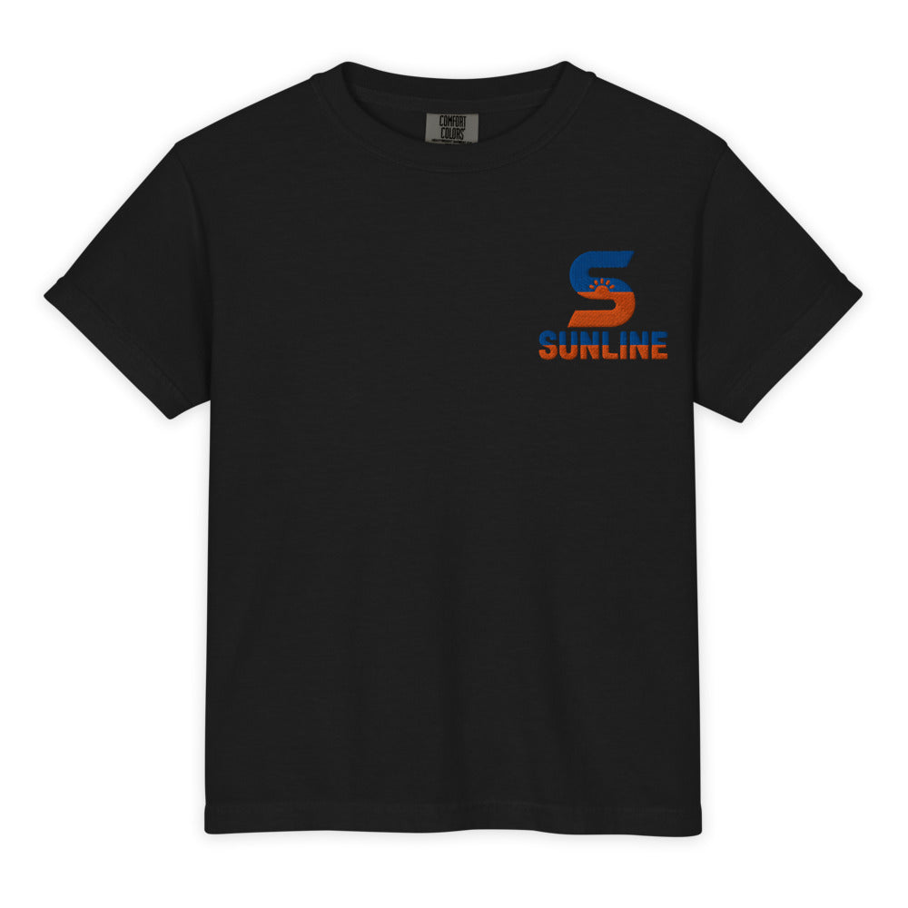 Sunline Youth Heavyweight Tee in Black, embroidered teal and orange Sunline split-S sun logo, Central Florida streetwear t-shirt