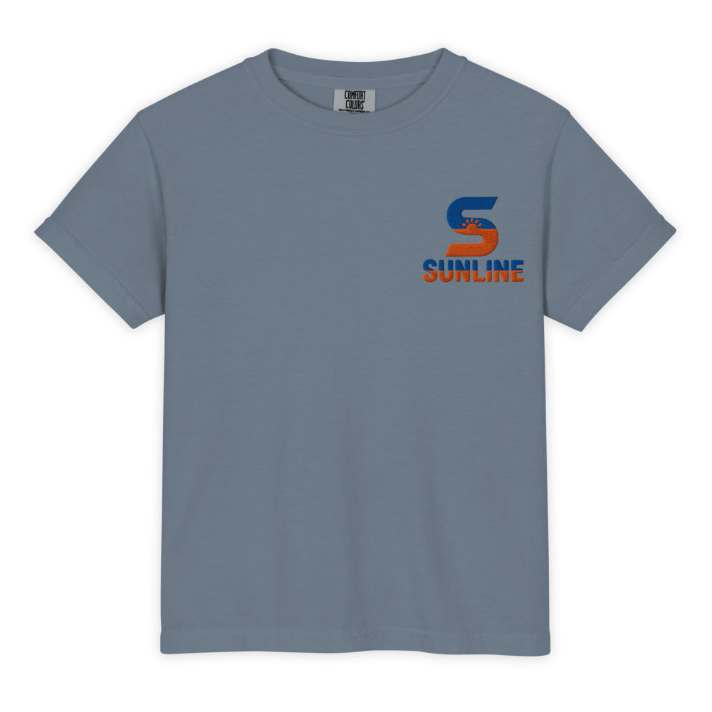 Sunline Youth Heavyweight Tee in Blue Jean, embroidered teal and orange Sunline split-S sun logo, Central Florida streetwear t-shirt