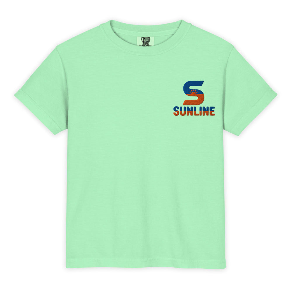 Sunline Youth Heavyweight Tee in Island Reef, embroidered teal and orange Sunline split-S sun logo, Central Florida streetwear t-shirt