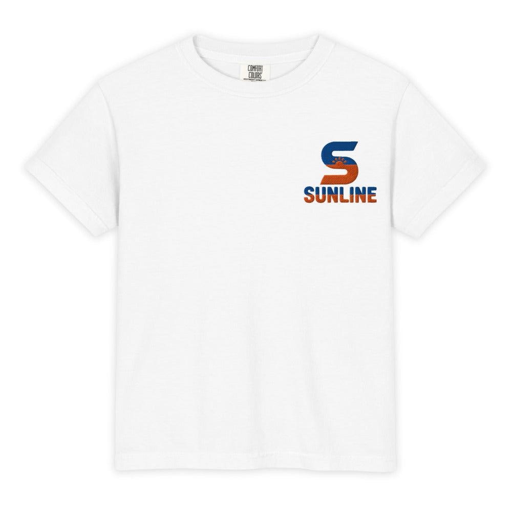 Sunline Youth Heavyweight Tee in White, embroidered teal and orange Sunline split-S sun logo, Central Florida streetwear t-shirt